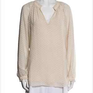 Diane von Furstenberg Cream Swiss Dot Blouse 8 Loose Fit Sheer Sleeves Ruffle